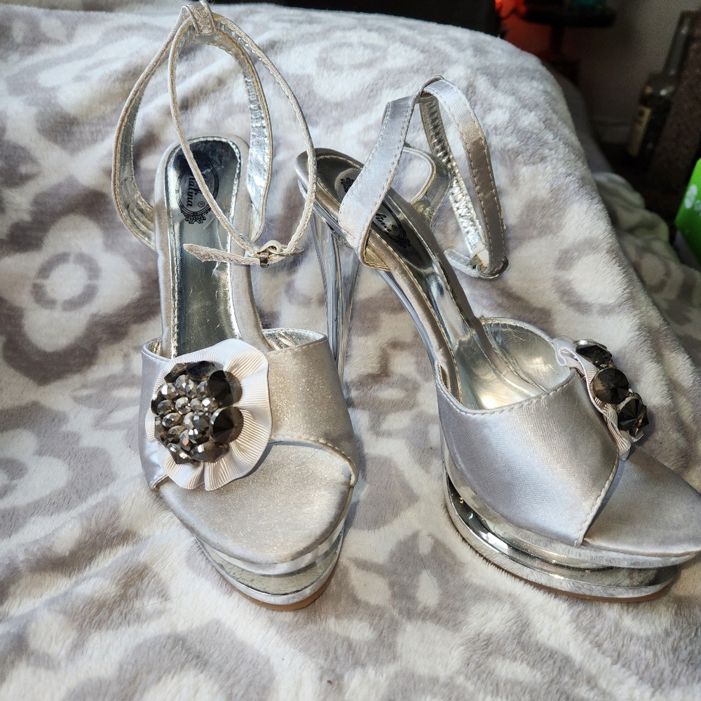 9 Italina Silver stiletto chrome heel flower bead detail ankle strap